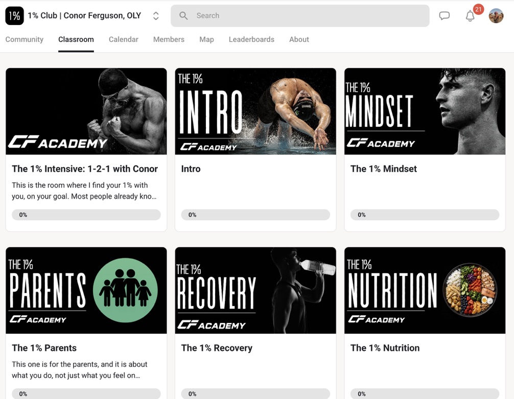 Inside The 1% Club classroom: modules including the 1% Intensive, Intro, Mindset, Recovery, Accountability and Competition Craft